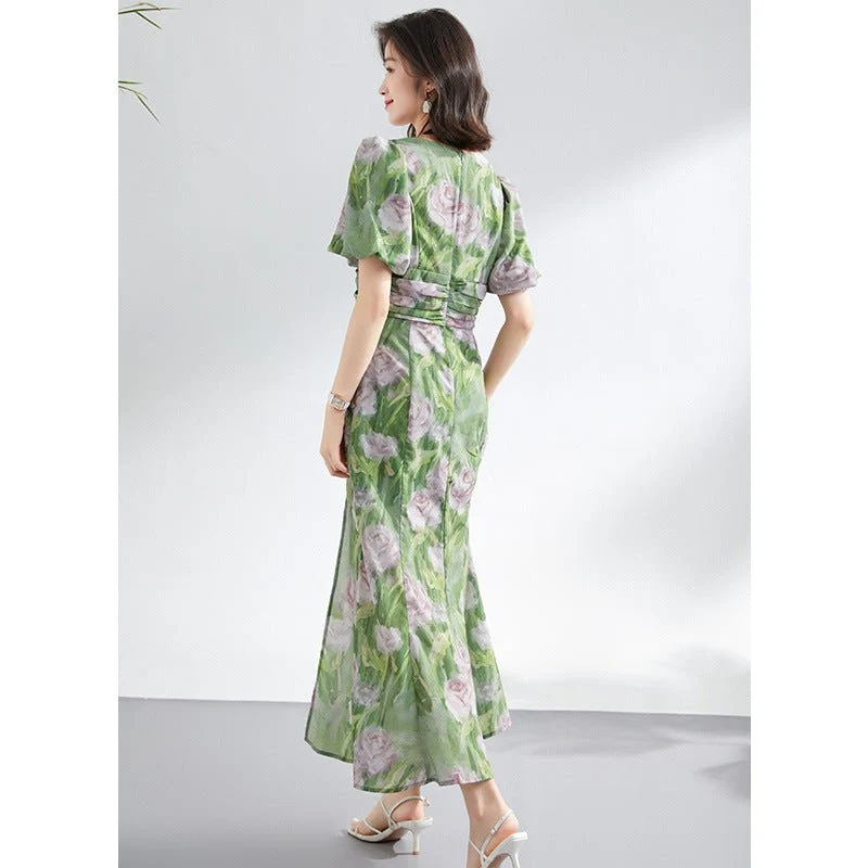 Vestido largo fruncido floral de seda verde para mujer Vestidos de seda con aberturas - Imagen 6