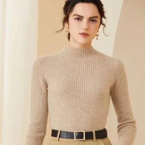 Sweater de cachemir con mangas largas de cuello simulado de mujer