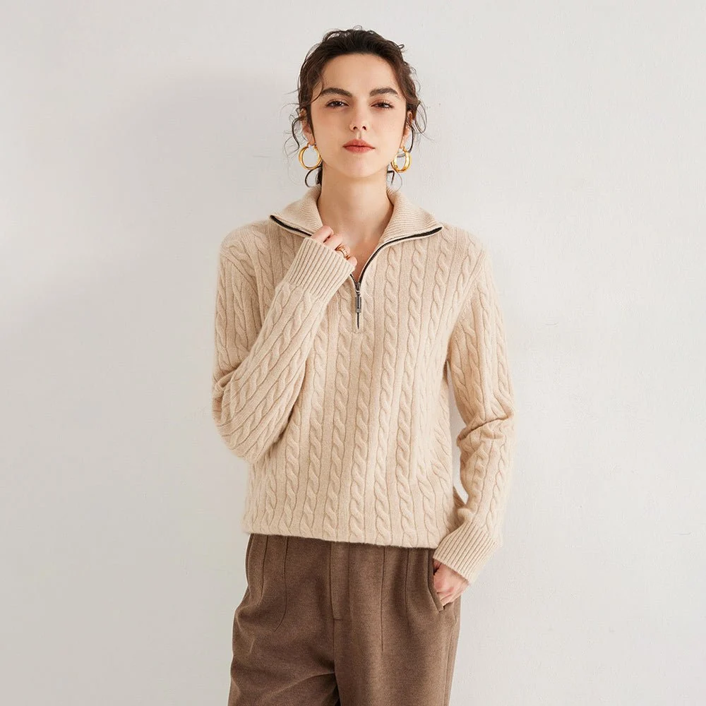 Womens Half-Zip Cable Knit Pure Cashmere Sweater Collared Cashmere Pullover - Imagen 5