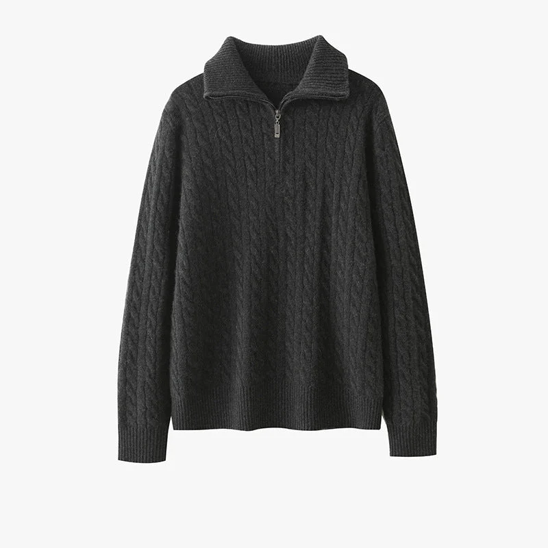 Womens Half-Zip Cable Knit Pure Cashmere Sweater Collared Cashmere Pullover - Imagen 9