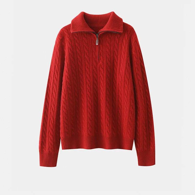 Womens Half-Zip Cable Knit Pure Cashmere Sweater Collared Cashmere Pullover - Imagen 8