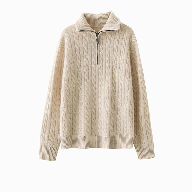 Womens Half-Zip Cable Knit Pure Cashmere Sweater Collared Cashmere Pullover - Imagen 6