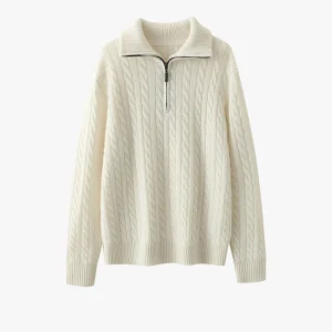 Womens Half-Zip Cable Knit Pure Cashmere Sweater Collared Cashmere Pullover