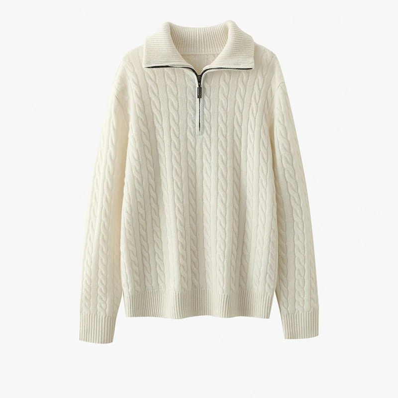 Womens Half-Zip Cable Knit Pure Cashmere Sweater Collared Cashmere Pullover