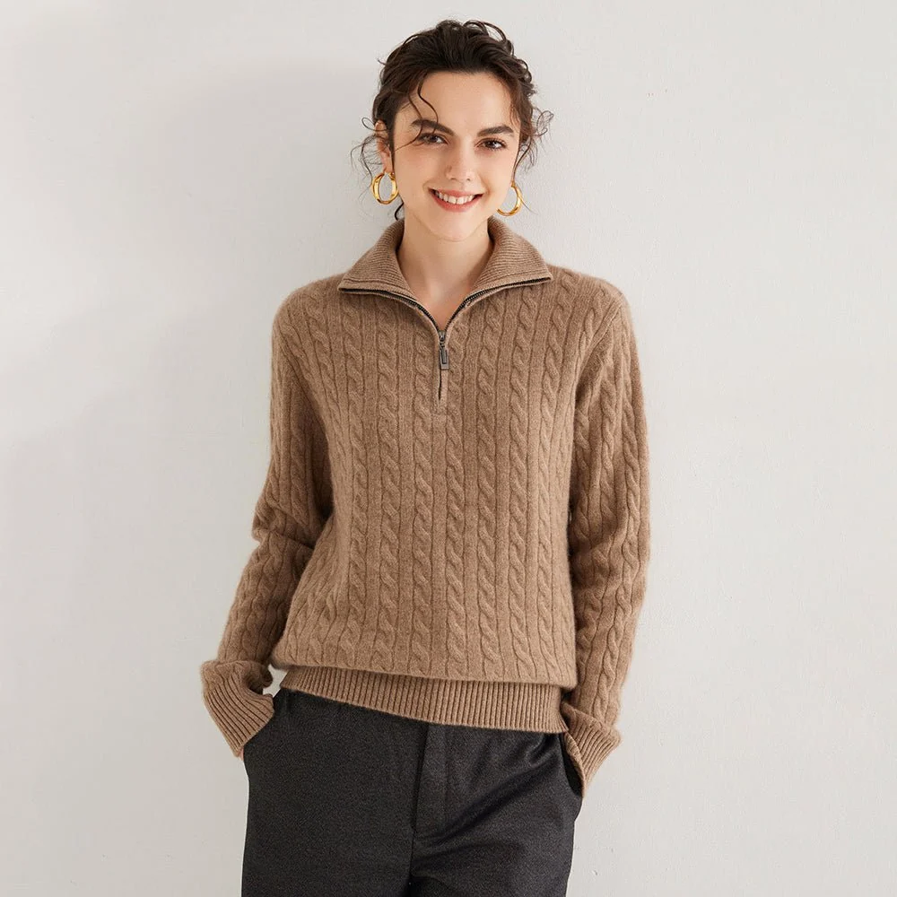 Womens Half-Zip Cable Knit Pure Cashmere Sweater Collared Cashmere Pullover - Imagen 4