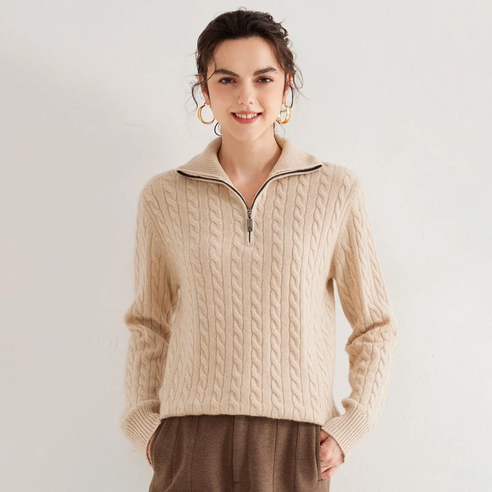 Womens Half-Zip Cable Knit Pure Cashmere Sweater Collared Cashmere Pullover - Imagen 7