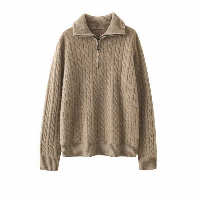 Womens Half-Zip Cable Knit Pure Cashmere Sweater Collared Cashmere Pullover - Imagen 3