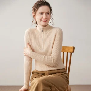Womens Half-Zip Cashmere Sweater Mock Neck Ribbed Cashmere Pullover