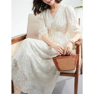 Vestido largo de seda con encaje jacquard para mujer Vestido de seda de manga larga