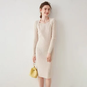 Vestido midi de midi de punto acantilado de cachemir para mujer vestidos de cuello cuadrado