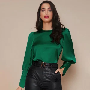 Camisa de seda de manga de manga de linterna de linterna para mujeres camisa de seda