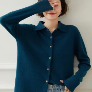 Cárdigan de cachemira con botones para mujer Abrigo de cachemira con solapa y cuello puntiagudo