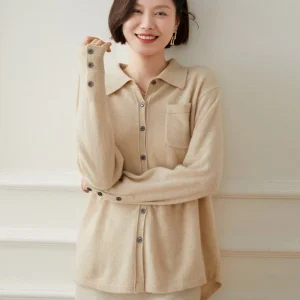 Camisa de cachemira con botones para mujer Abrigo de cachemira con cuello de solapa y bolsillo en el pecho