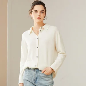 Camisa de cachemir de manga larga Lady Cardigan Cashmere Caza de cachemira