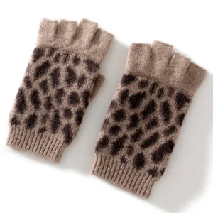 Guantes de cachemira con estampado de leopardo para mujer Guantes de medio dedo tejidos
