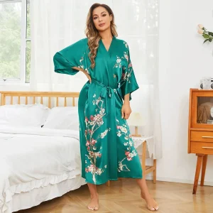 Kimono de seda para mujer con túnica de seda larga de seda con estampado floral