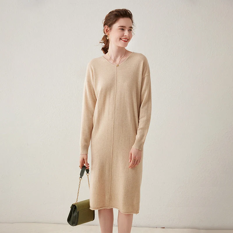 Vestido midi de punto de cachemira para mujer Vestido recto de manga larga con cuello en V - Imagen 3