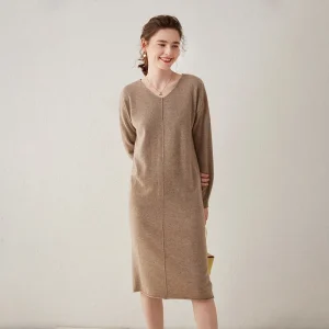 Vestido midi de punto de cachemira para mujer Vestido recto de manga larga con cuello en V