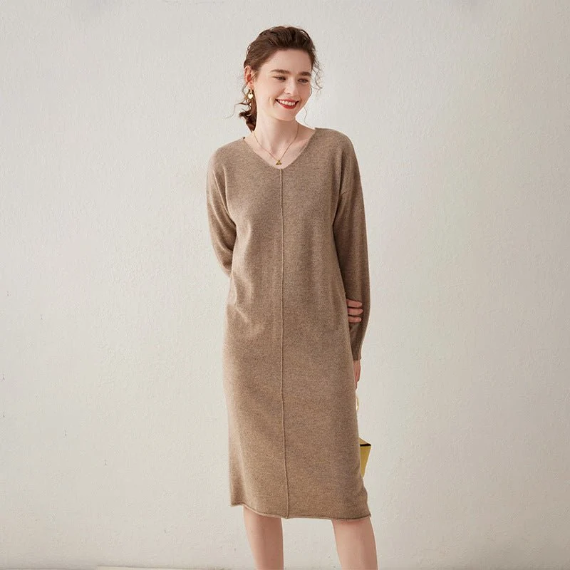 Vestido midi de punto de cachemira para mujer Vestido recto de manga larga con cuello en V - Imagen 2