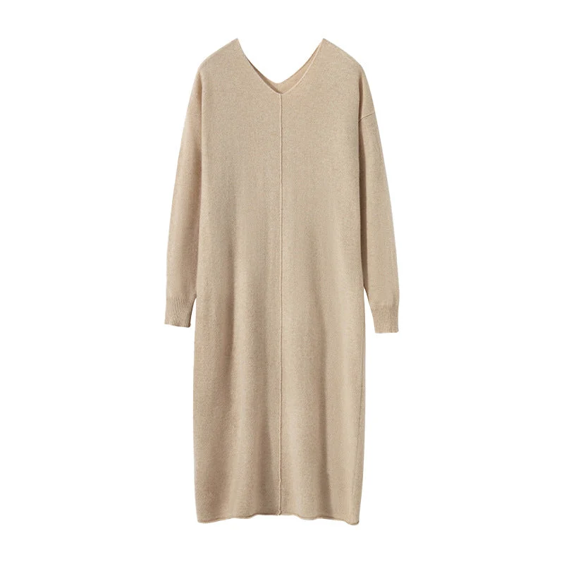 Vestido midi de punto de cachemira para mujer Vestido recto de manga larga con cuello en V - Imagen 4
