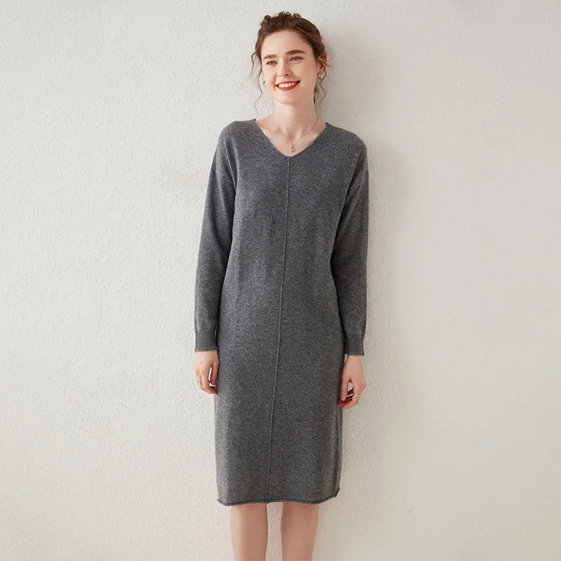 Vestido midi de punto de cachemira para mujer Vestido recto de manga larga con cuello en V - Imagen 7