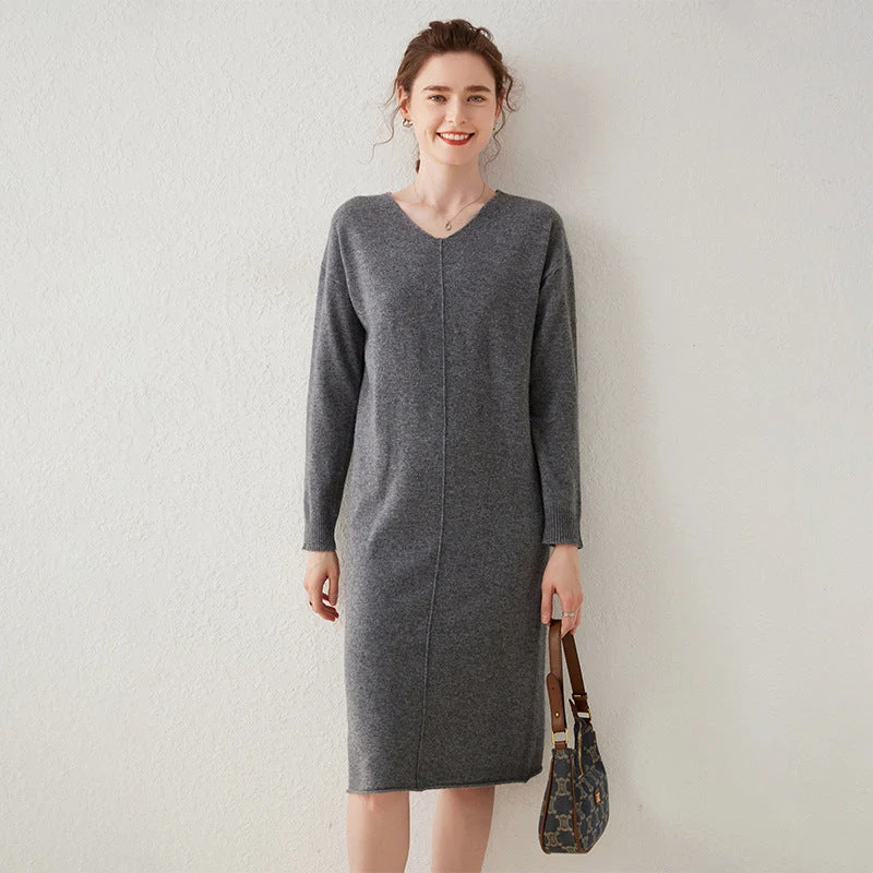 Vestido midi de punto de cachemira para mujer Vestido recto de manga larga con cuello en V - Imagen 6