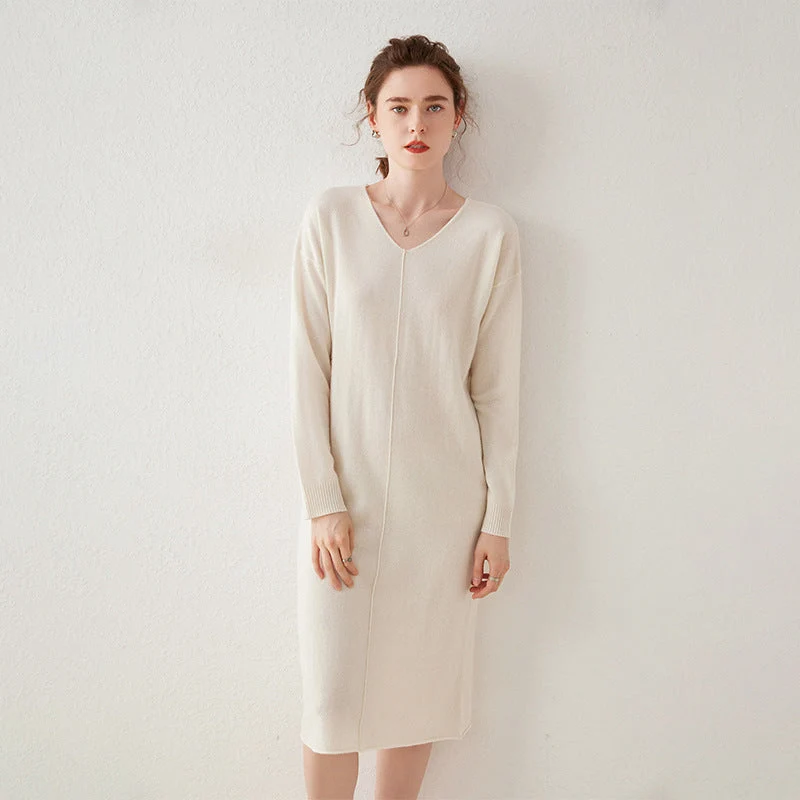 Vestido midi de punto de cachemira para mujer Vestido recto de manga larga con cuello en V - Imagen 5