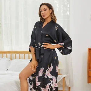 Seda para mujer Kimono Crane estampado de seda larga túnica kimono seda
