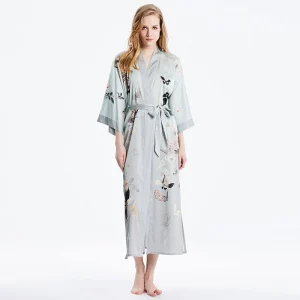 Bata tipo kimono de seda con estampado de mariposas y kimono de seda para mujer