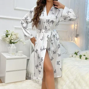 Batas largas de seda con estampado de mariposas para mujer Albornoz 100% seda