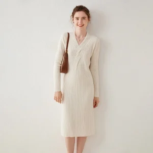 Vestido midi de midi de punto acantilado de cachemir para mujer V vestido de envoltura de cuello