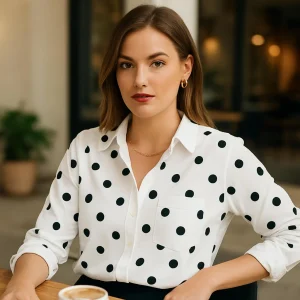 Camisa de seda de manga larga para mujer Blusa de seda con botones y lunares