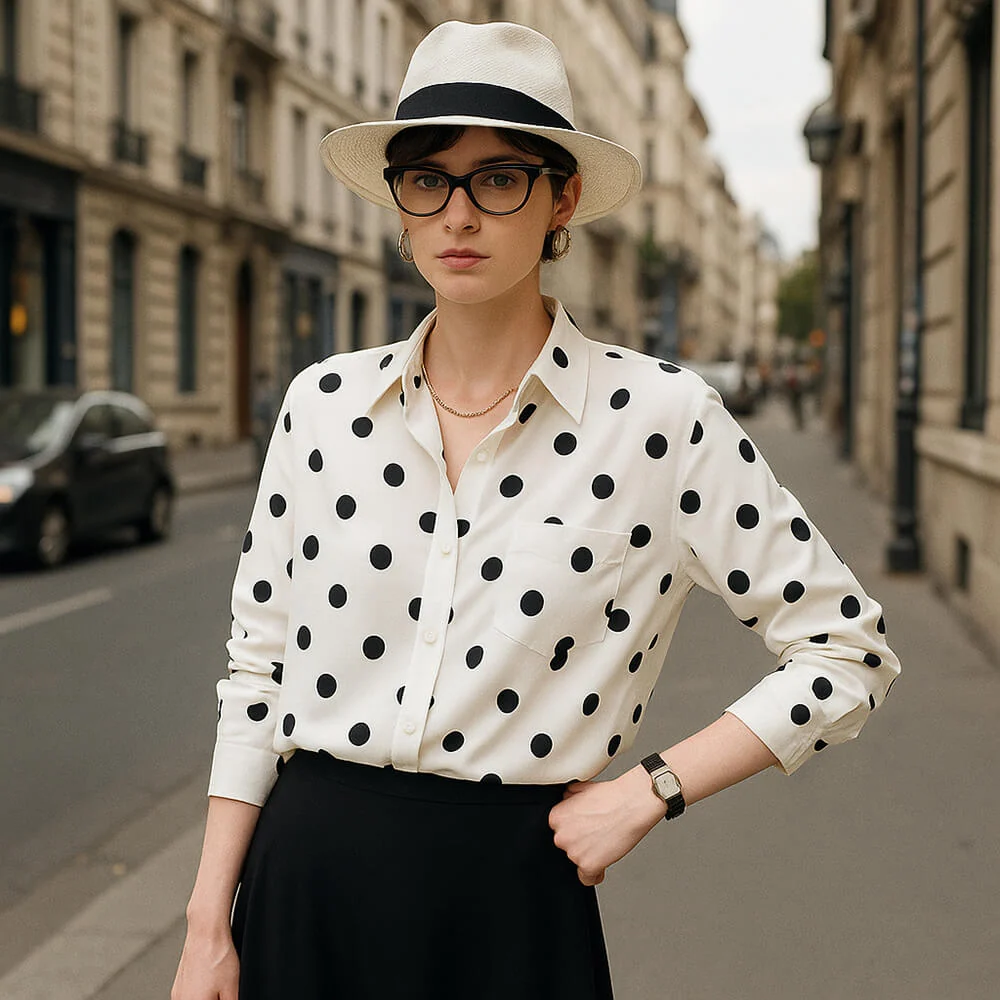 Camisa de seda de manga larga para mujer Blusa de seda con botones y lunares - Imagen 3
