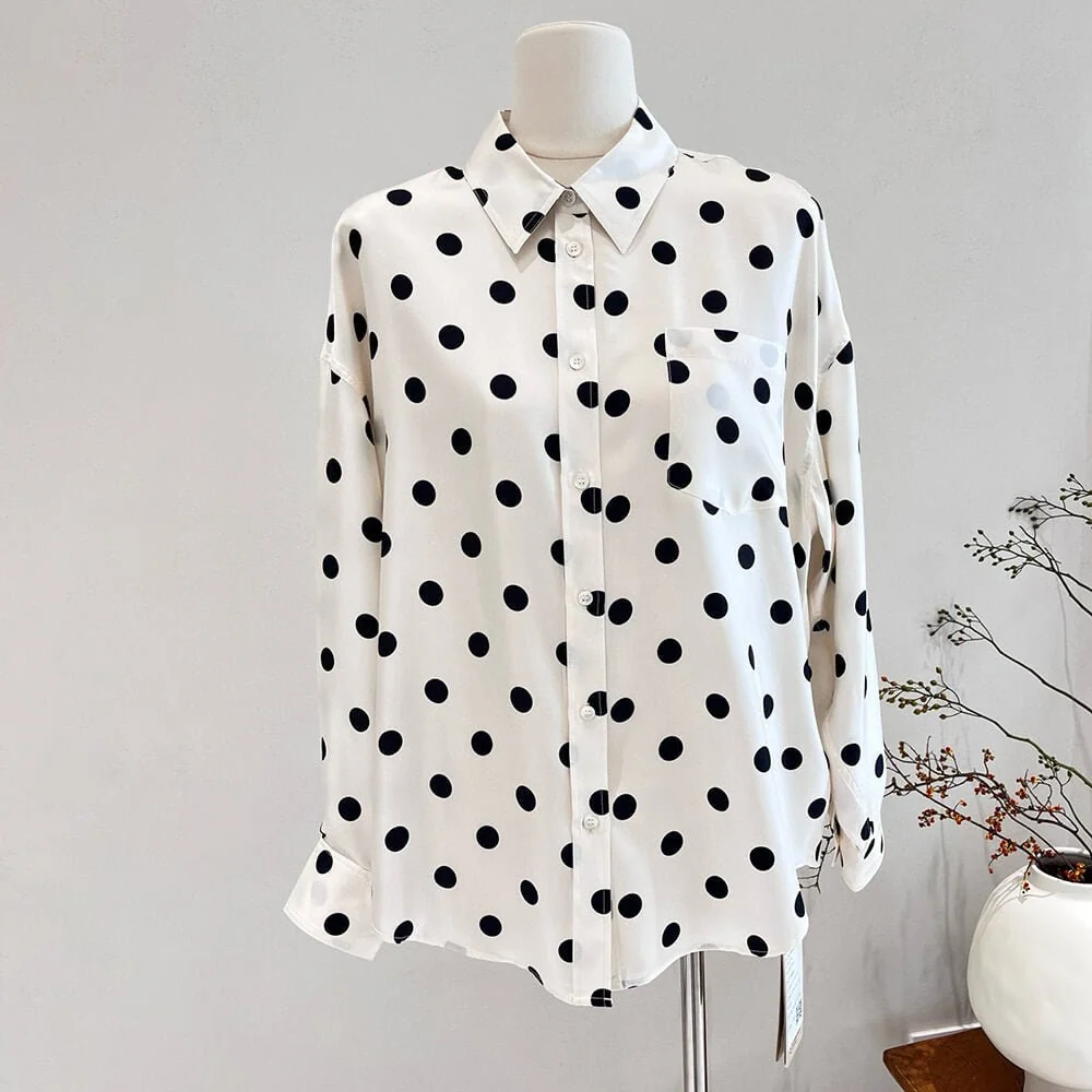 Camisa de seda de manga larga para mujer Blusa de seda con botones y lunares - Imagen 6