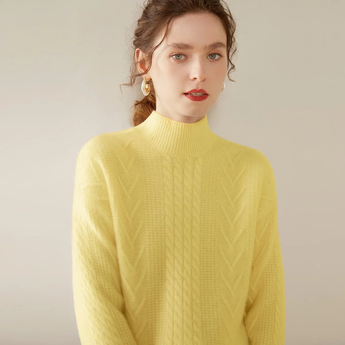 Womens Mock Neck Cable Knit Cashmere Sweater Textured Cashmere Pullover - Imagen 7