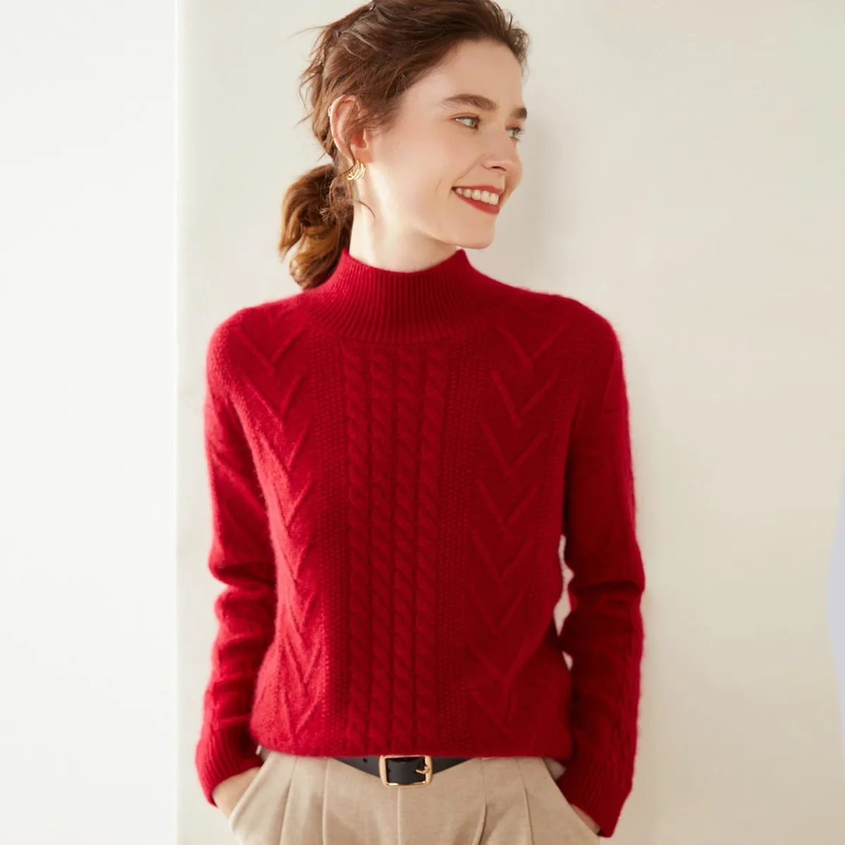 Womens Mock Neck Cable Knit Cashmere Sweater Textured Cashmere Pullover - Imagen 8