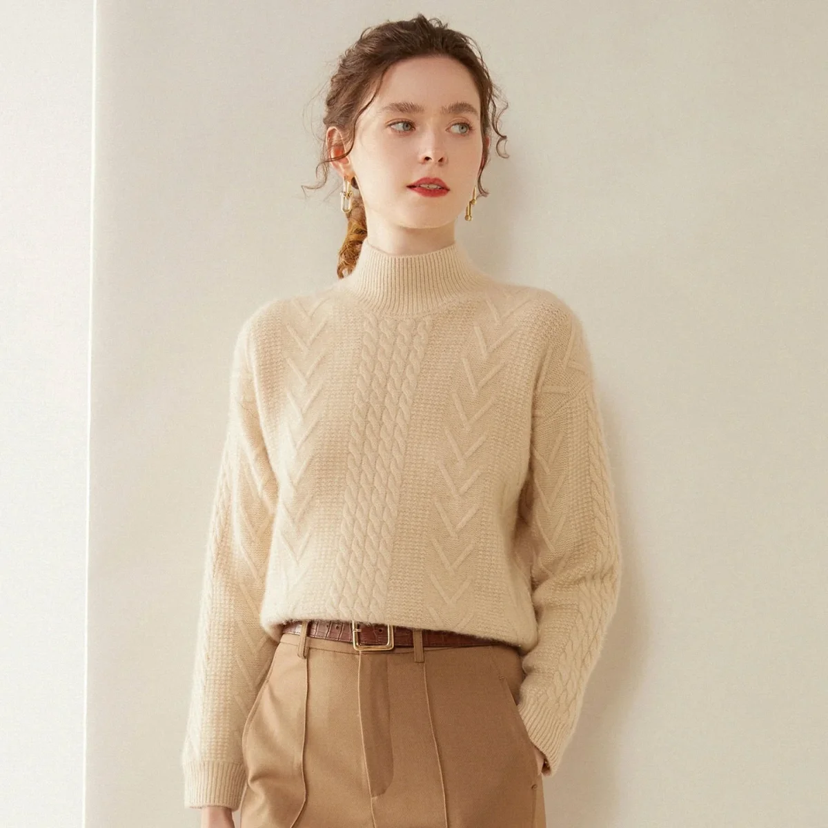 Womens Mock Neck Cable Knit Cashmere Sweater Textured Cashmere Pullover - Imagen 3