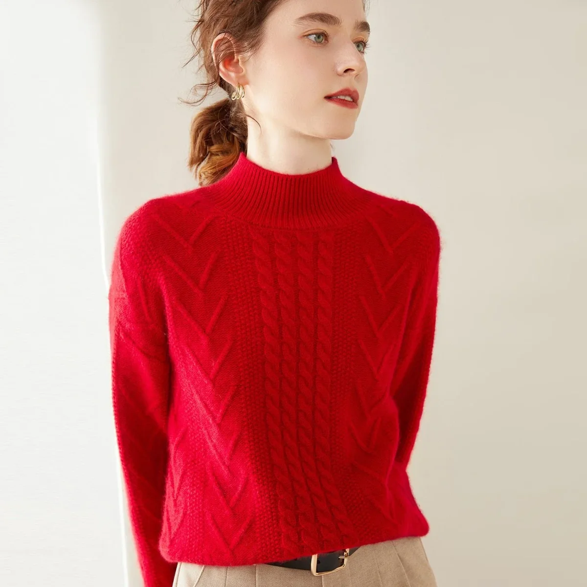 Womens Mock Neck Cable Knit Cashmere Sweater Textured Cashmere Pullover - Imagen 6