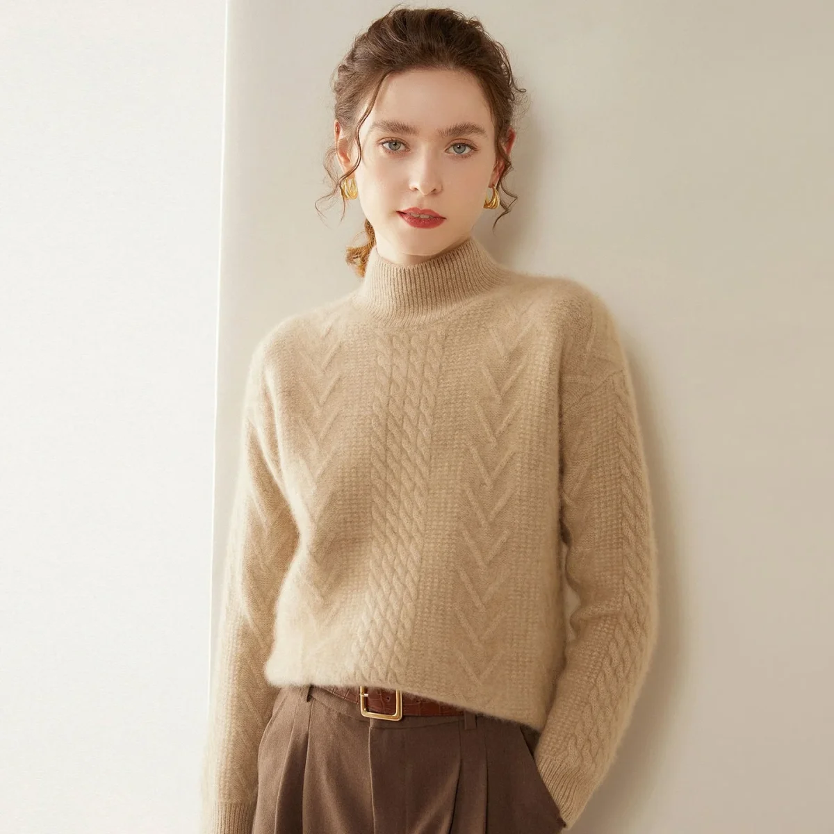 Womens Mock Neck Cable Knit Cashmere Sweater Textured Cashmere Pullover - Imagen 9