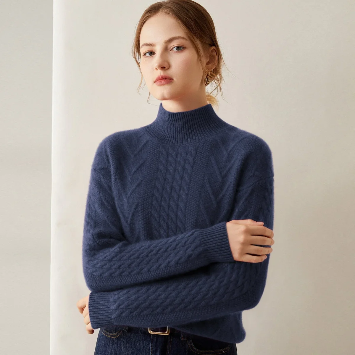 Womens Mock Neck Cable Knit Cashmere Sweater Textured Cashmere Pullover - Imagen 2