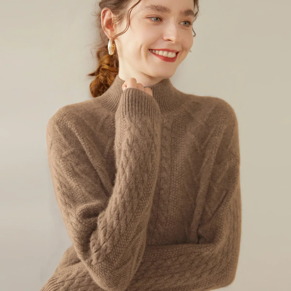 Womens Mock Neck Cable Knit Cashmere Sweater Textured Cashmere Pullover - Imagen 5