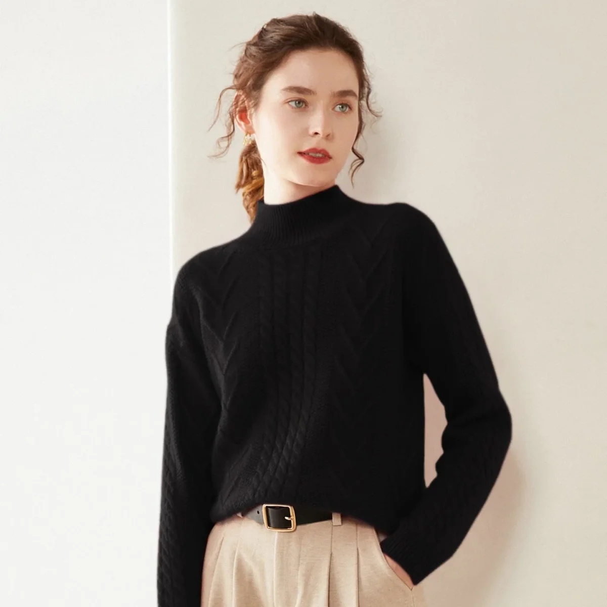 Womens Mock Neck Cable Knit Cashmere Sweater Textured Cashmere Pullover - Imagen 4