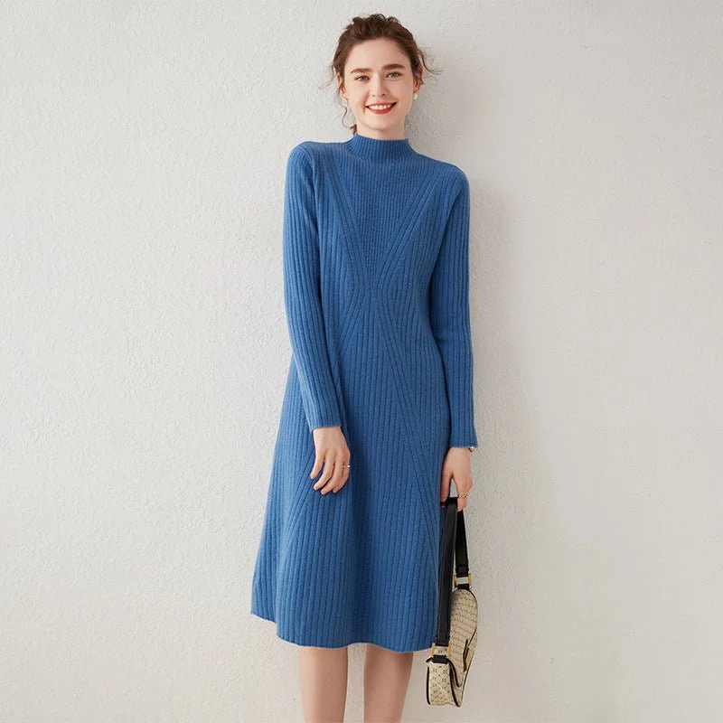 Vestido de cachemira con cuello simulado para mujer Vestido midi de cachemira Vestido inferior - Imagen 3
