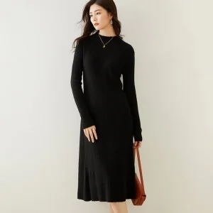 Vestido midi de punto acanalado de cachemira para mujer Vestido ajustado de manga larga con cuello simulado