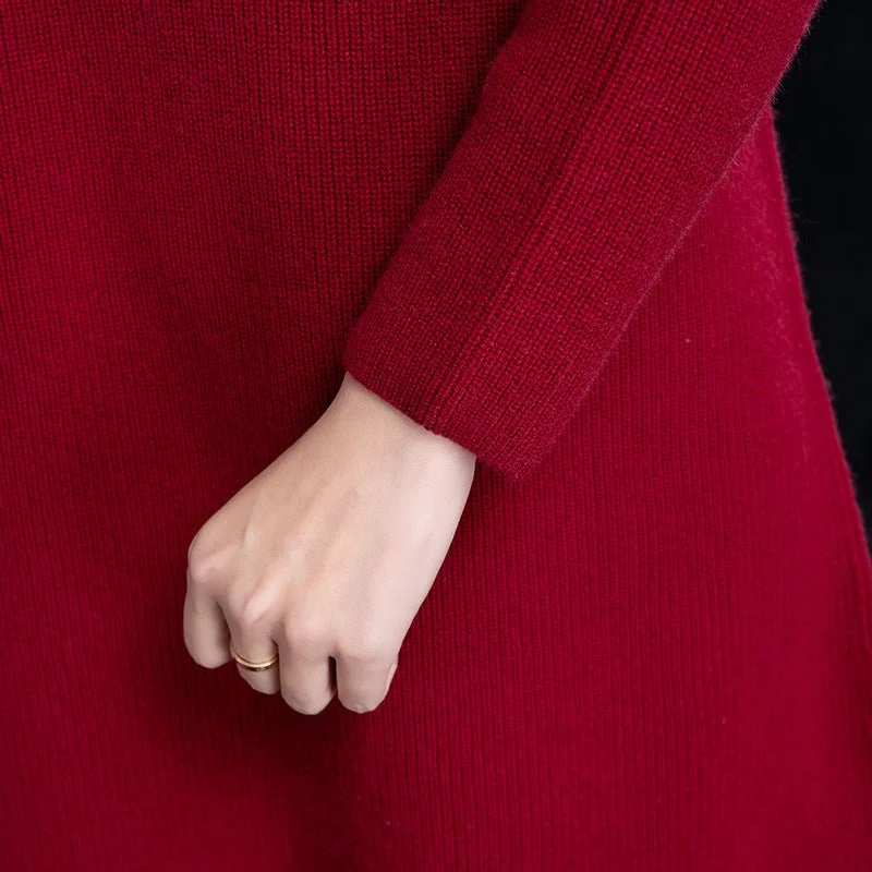 Vestido midi de punto de cachemira para mujer Vestido de cachemira de manga larga con cuello simulado - Imagen 6
