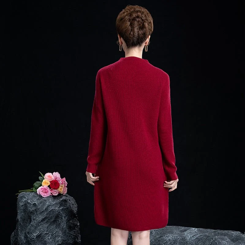 Vestido midi de punto de cachemira para mujer Vestido de cachemira de manga larga con cuello simulado - Imagen 5
