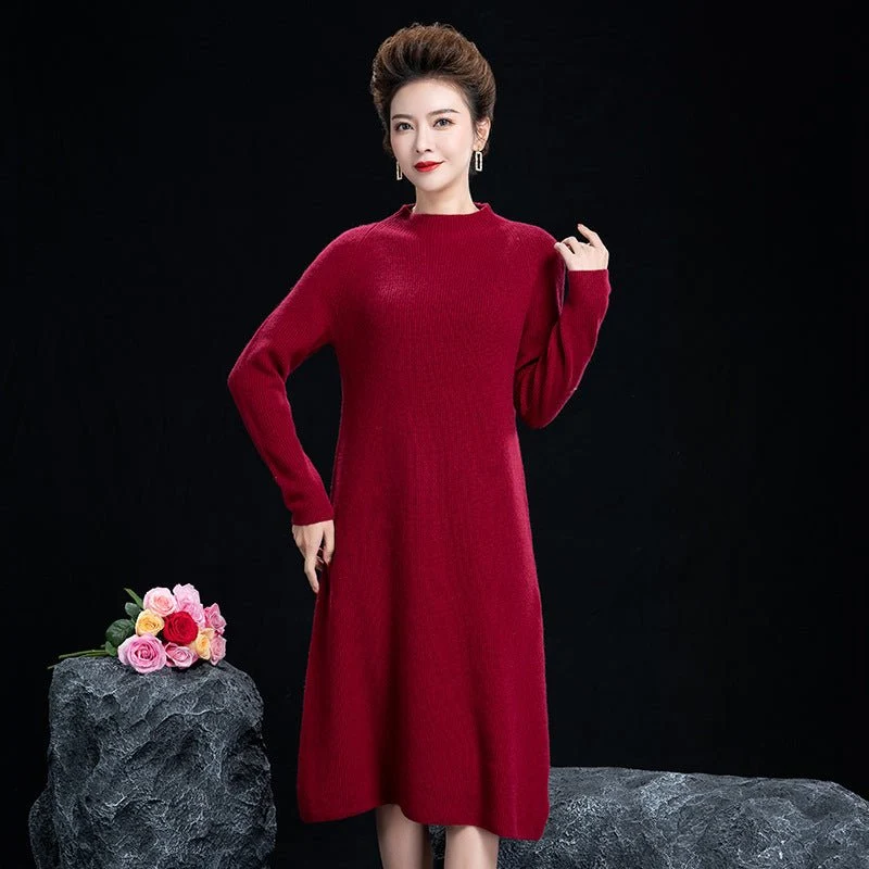 Vestido midi de punto de cachemira para mujer Vestido de cachemira de manga larga con cuello simulado - Imagen 4