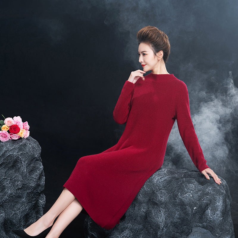 Vestido midi de punto de cachemira para mujer Vestido de cachemira de manga larga con cuello simulado - Imagen 3