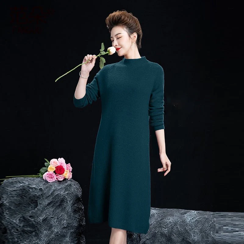 Vestido midi de punto de cachemira para mujer Vestido de cachemira de manga larga con cuello simulado - Imagen 7