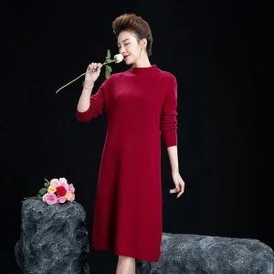 Vestido midi de punto de cachemira para mujer Vestido de cachemira de manga larga con cuello simulado